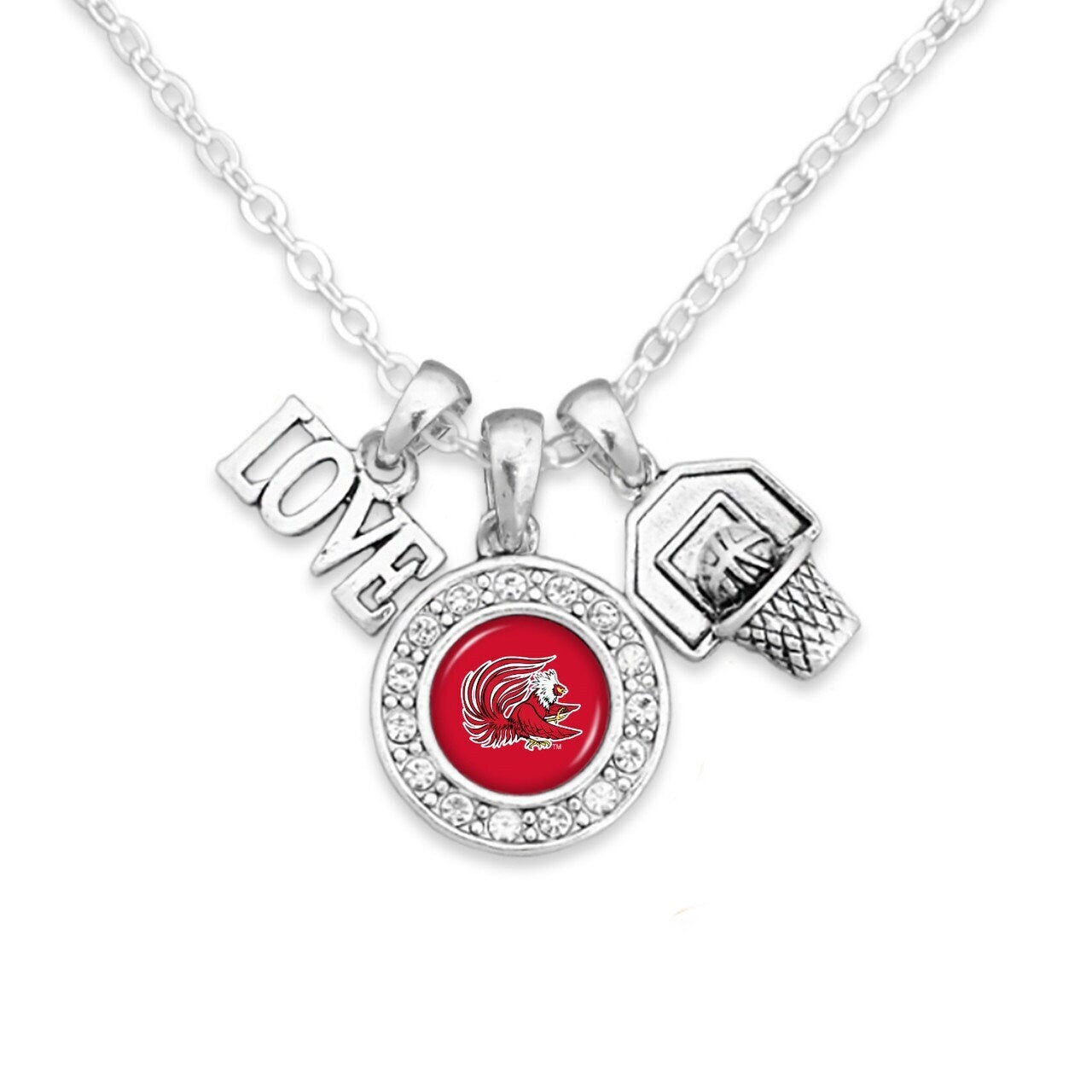 Officially Licensed JACKSONVILLE STATE GAMECOCKS Necklace with Basketball, Love and Logo Pewter Charms Sterling Plated - Jacksonville State