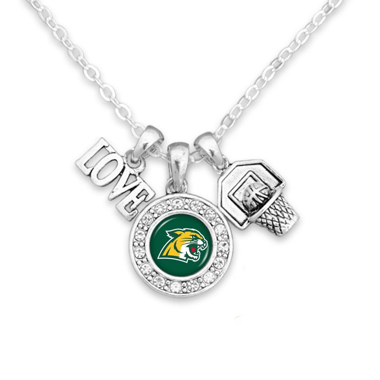 Officially Licensed NORTHERN MICHIGAN WILDCATS Necklace with Basketball, Love and Logo Pewter Charms Sterling Plated - Northern Michigan