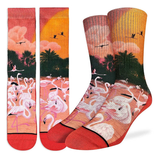Flamingos In The Sunset Crew Socks - Pink Flamingo Novelty Active Fit Socks - Men's Adult 8-12 Unisex - For Craft Costume Supply