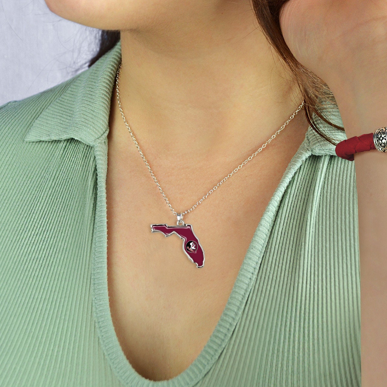 Officially Licensed FLORIDA STATE Seminoles Necklace - State of Mine Logo Pewter Charm Sterling Plated - Florida State University