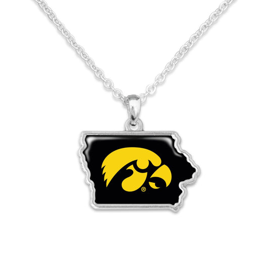 Officially Licensed IOWA Hawkeyes Necklace - State of Mine Logo Pewter Charm Sterling Plated - University of Iowa