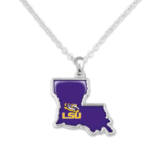 Officially Licensed LSU TIGERS Necklace - State of Mine Logo Pewter Charm Sterling Plated - Louisiana State University