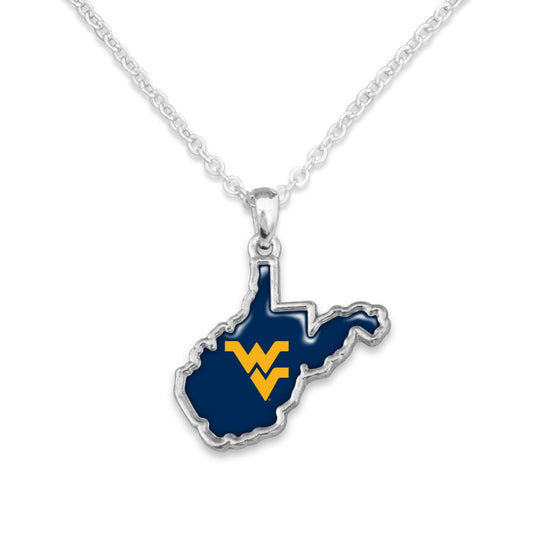 Officially Licensed WEST VIRGINIA MOUNTAINEERS Necklace - State of Mine Logo Pewter Charm Sterling Plated - West Virginia University