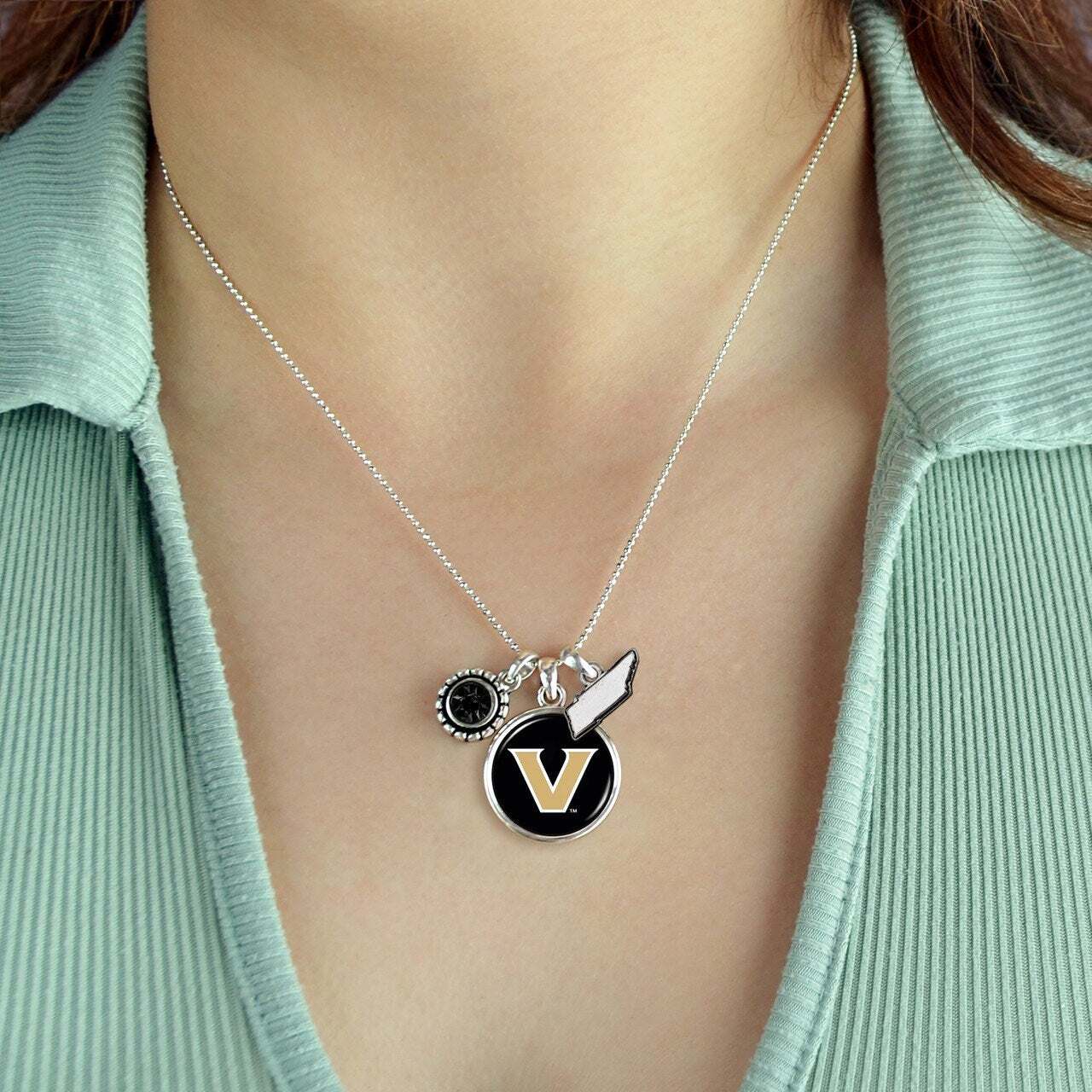Officially Licensed VANDERBILT COMMODORES Necklace - Triple Charm Necklace with Crystal and Tennessee State Pewter Charms Sterling Plated
