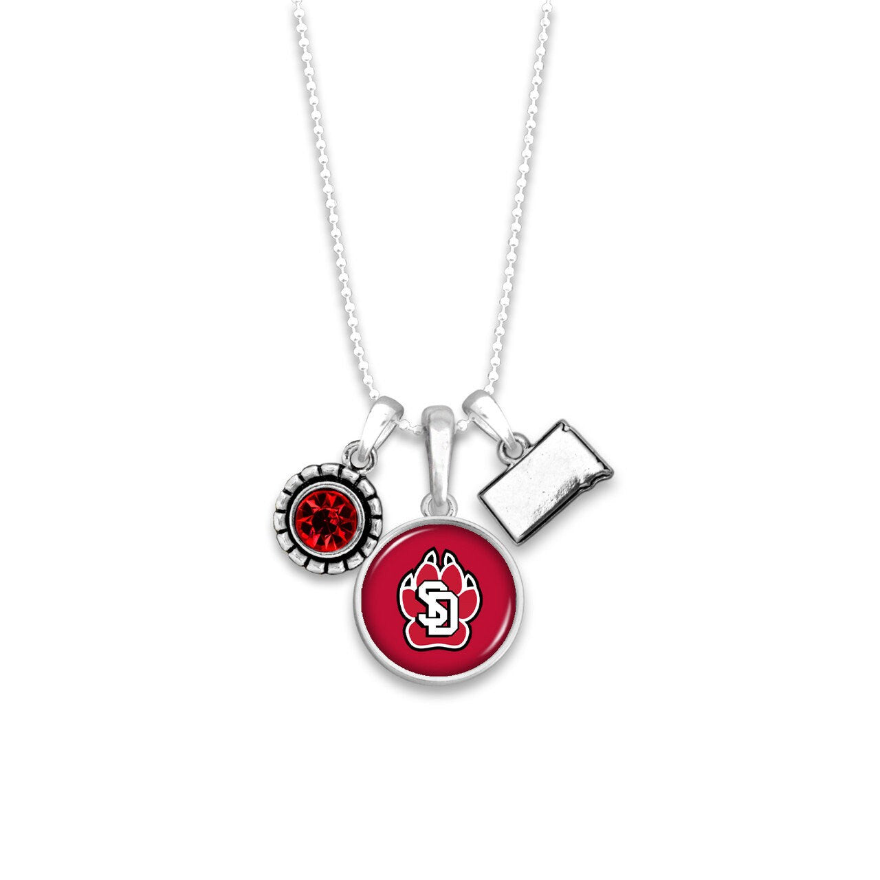 Officially Licensed SOUTH DAKOTA COYOTES Necklace - Triple Charm Necklace with Crystal and South Dakota State Pewter Charms Sterling Plated