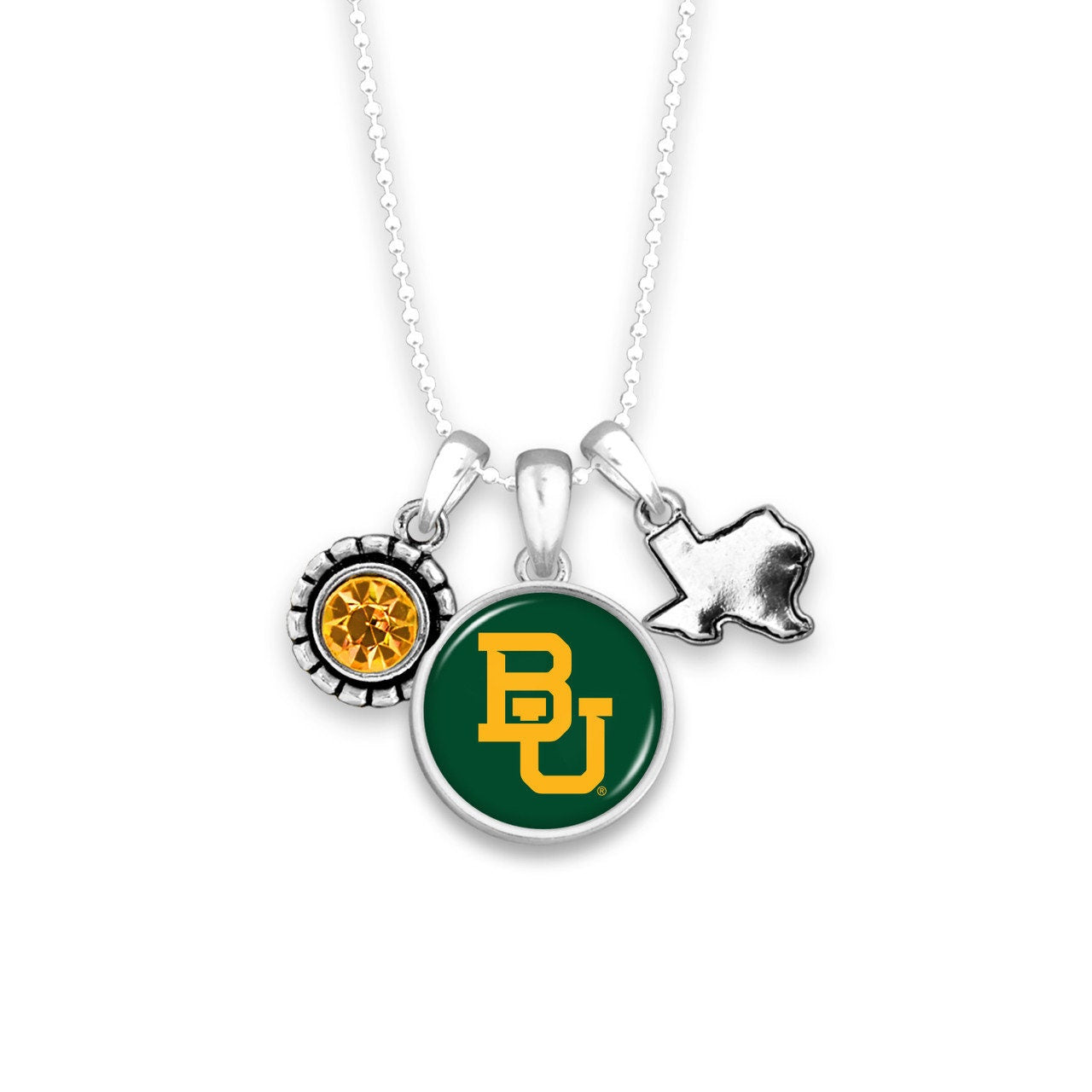 Officially Licensed BAYLOR BEARS Necklace - Triple Charm Necklace with Crystal and Texas State Pewter Charms Sterling Plated