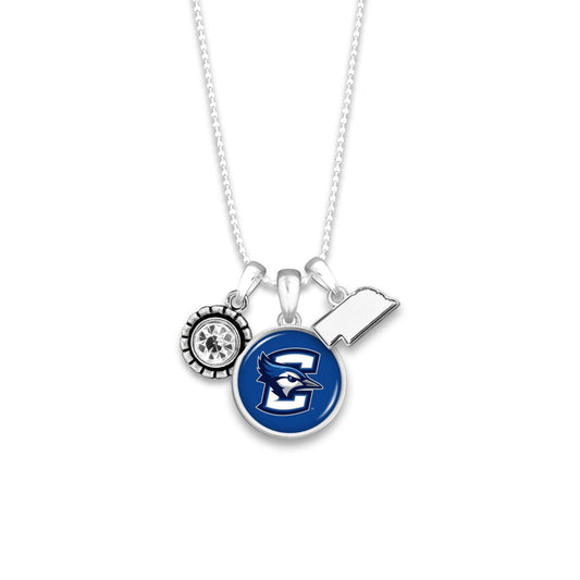 Officially Licensed CREIGHTON BLUEJAYS Necklace - Triple Charm Necklace with Crystal and Nebraska State Pewter Charms Sterling Plated