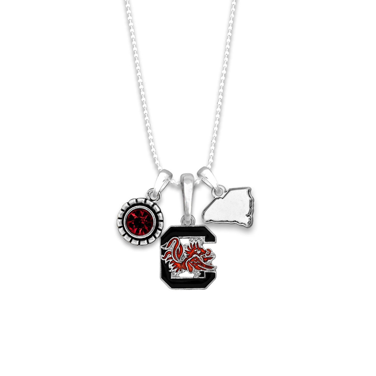 Officially Licensed SOUTH CAROLINA GAMECOCKS Necklace - Triple Charm Necklace Crystal South Carolina State Pewter Charms Sterling Plated