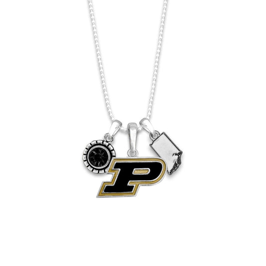 Officially Licensed PURDUE BOILERMAKERS Necklace - Triple Charm Necklace with Crystal Indiana State Pewter Charms Sterling Plated