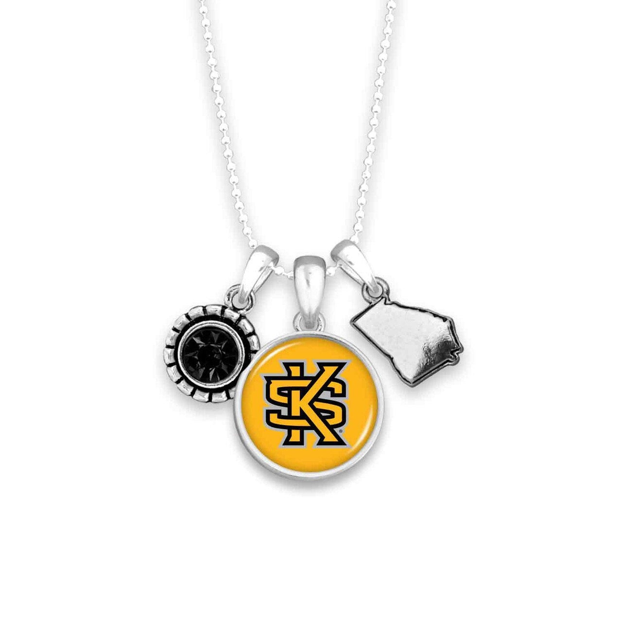 Officially Licensed KENNESAW STATE OWLS Necklace - Triple Charm Necklace with Crystal Georgia State Pewter Charms Sterling Plated