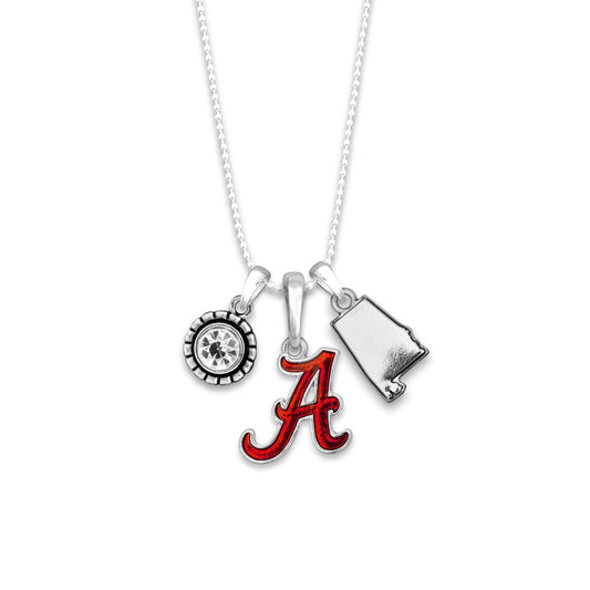 Officially Licensed ALABAMA CRIMSON TIDE Necklace - Triple Charm Necklace with Crystal Alabama State Pewter Charms Sterling Plated