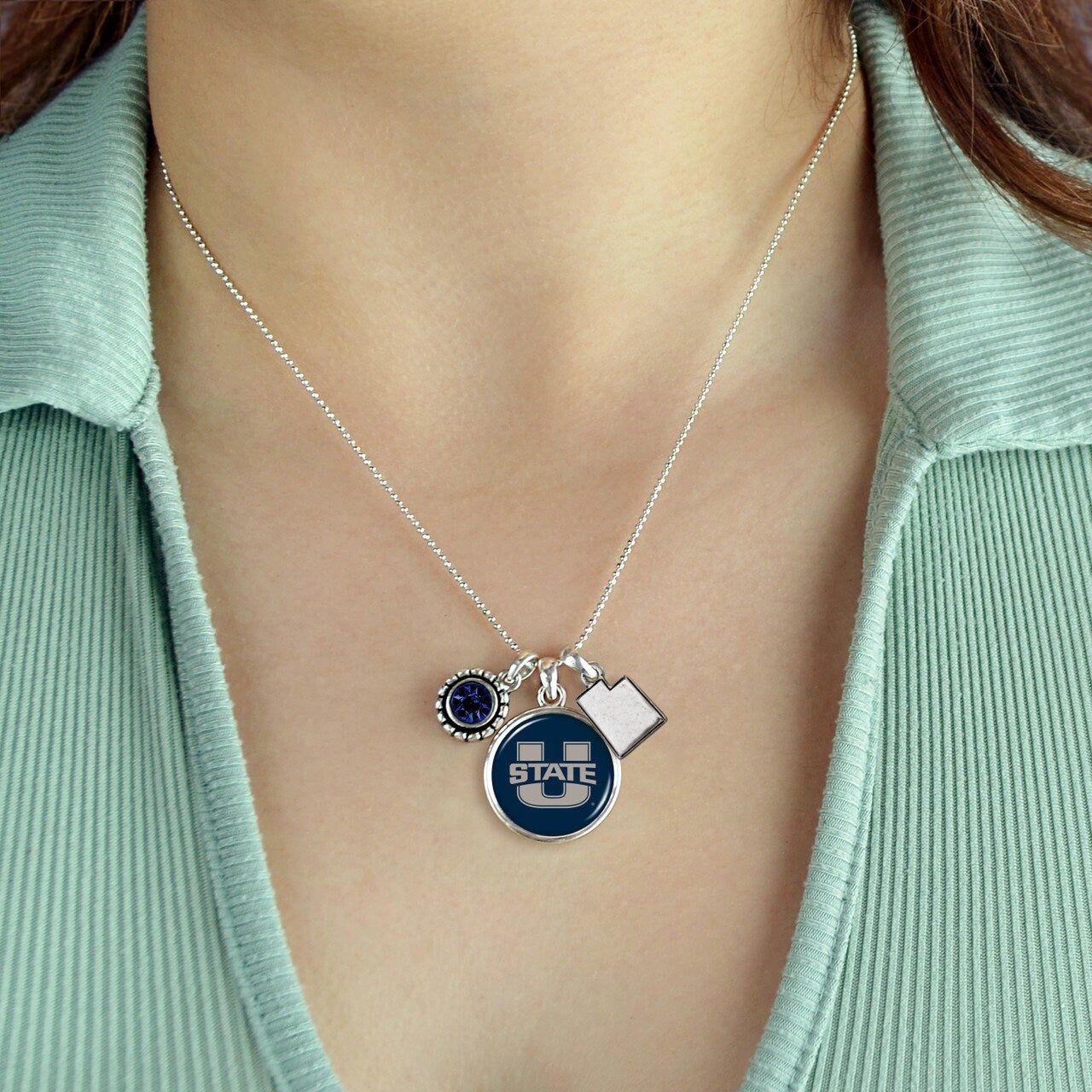 Officially Licensed UTAH STATE AGGIES Necklace - Triple Charm Necklace with Crystal Utah State Pewter Charms Sterling Plated