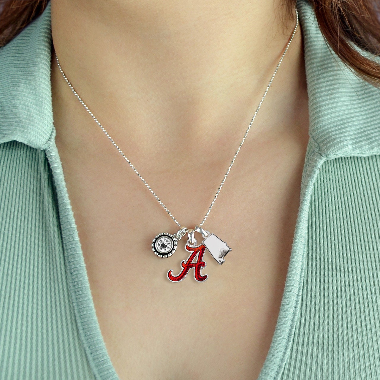 Officially Licensed ALABAMA CRIMSON TIDE Necklace - Triple Charm Necklace with Crystal Alabama State Pewter Charms Sterling Plated