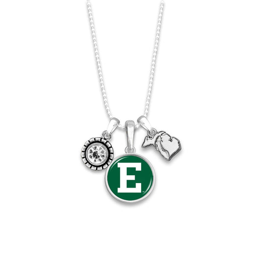 Officially Licensed EASTERN MICHIGAN EAGLES Necklace - Triple Charm Necklace with Crystal Michigan State Pewter Charms Sterling Plated