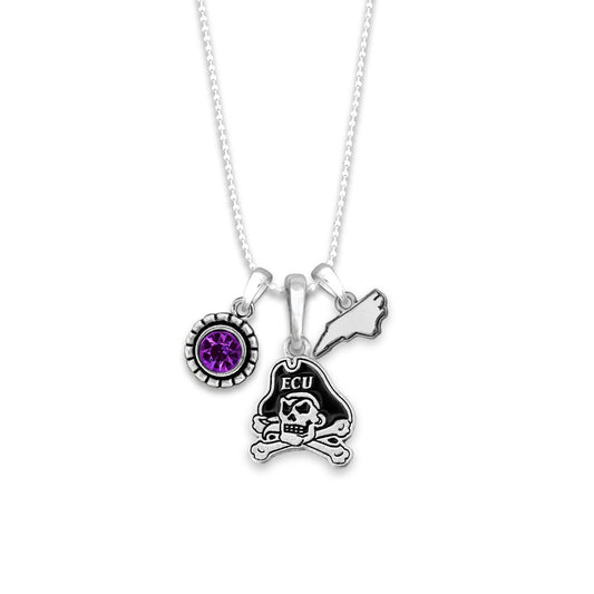 Officially Licensed EAST CAROLINA PIRATES Necklace - Triple Charm Necklace with Crystal North Carolina State Pewter Charms Sterling Plated