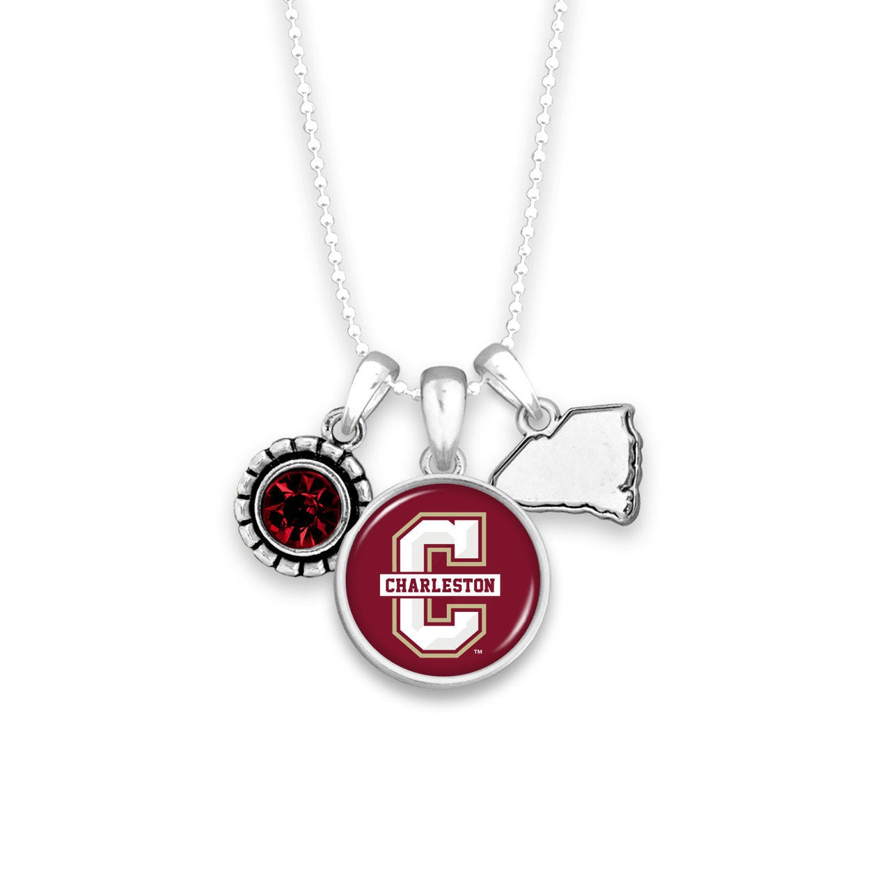 Officially Licensed CHARLESTON COUGARS Necklace - Triple Charm Necklace with Crystal Utah State Pewter Charms Sterling Plated