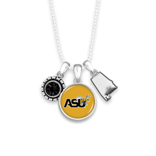Officially Licensed ALABAMA STATE HORNETS Necklace - Triple Charm Necklace with Crystal Alabama State Pewter Charms Sterling Plated