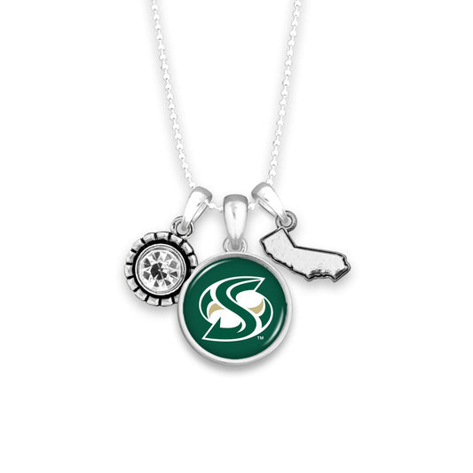 Officially Licensed SACRAMENTO STATE HORNETS Necklace - Triple Charm Necklace with Crystal California State Pewter Charms Sterling Plated