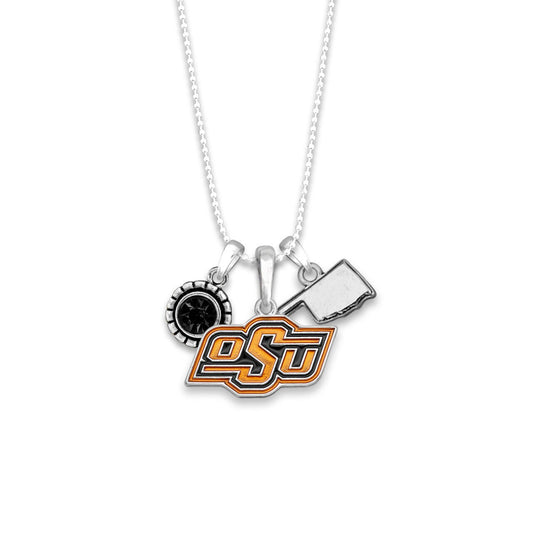 Officially Licensed OKLAHOMA STATE COWBOYS Necklace - Triple Charm Necklace with Crystal Oklahoma State Pewter Charms Sterling Plated