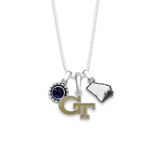 Officially Licensed GEORGIA TECH Yellow Jackets Necklace - Triple Charm Necklace with Crystal Georgia State Pewter Charms Sterling Plated