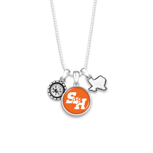 Officially Licensed SAM HOUSTON BEARKATS Necklace - Triple Charm Necklace with Crystal Texas State Pewter Charms Sterling Plated