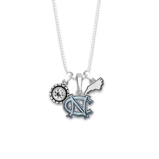 Officially Licensed NORTH CAROLINA Tar Heels Necklace - Triple Charm Necklace Crystal North Carolina State Pewter Charms Sterling Plated