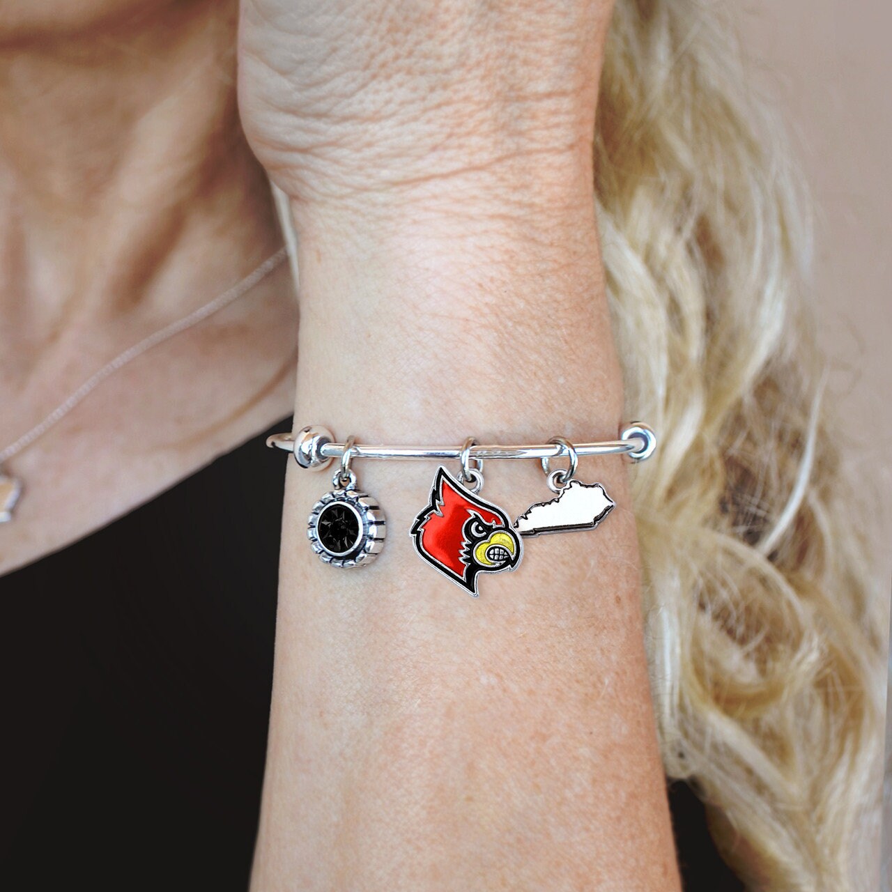 Officially Licensed LOUISVILLE CARDINALS Bracelet - Triple Charm Bracelet with Crystal Kentucky State Pewter Charms Sterling Plated