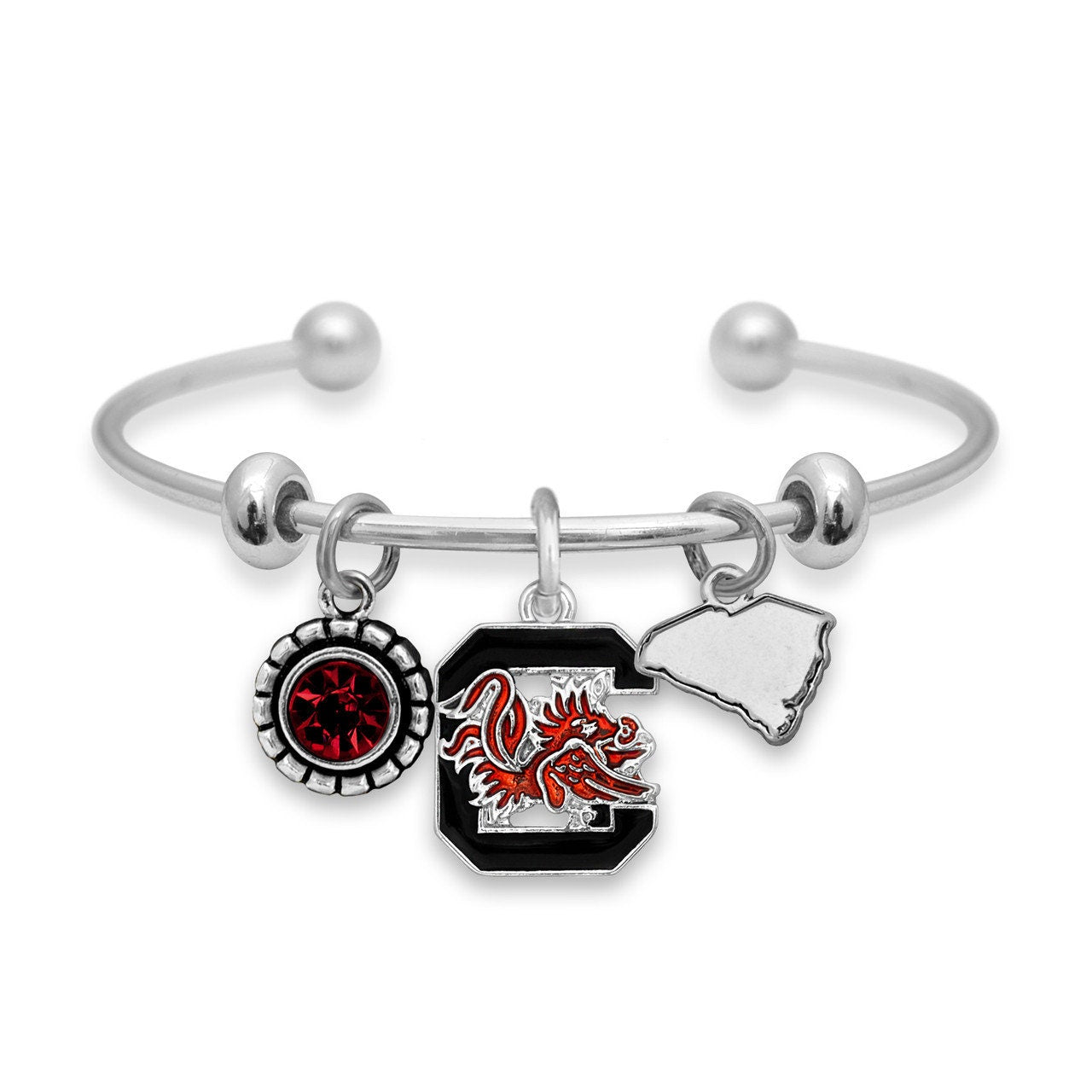 Officially Licensed SOUTH CAROLINA GAMECOCKS Bracelet - Triple Charm Bracelet Crystal South Carolina State Pewter Charms Sterling Plated