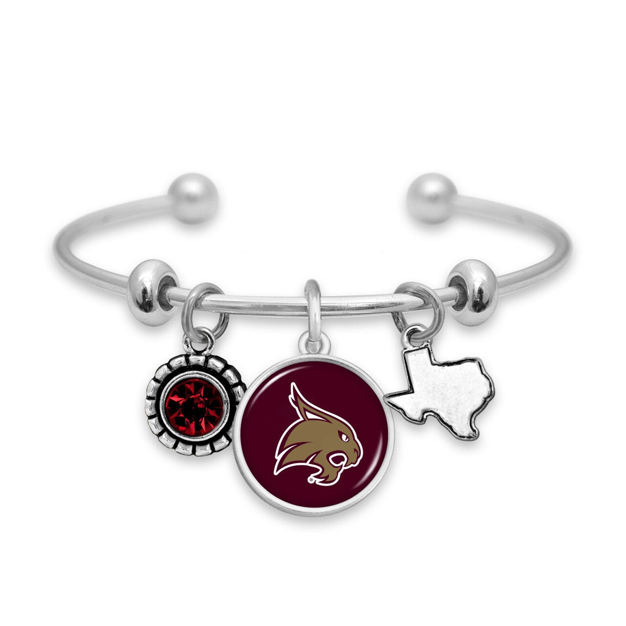 Officially Licensed TEXAS STATE BOBCATS Bracelet - Triple Charm Bracelet with Crystal Texas State Pewter Charms Sterling Plated