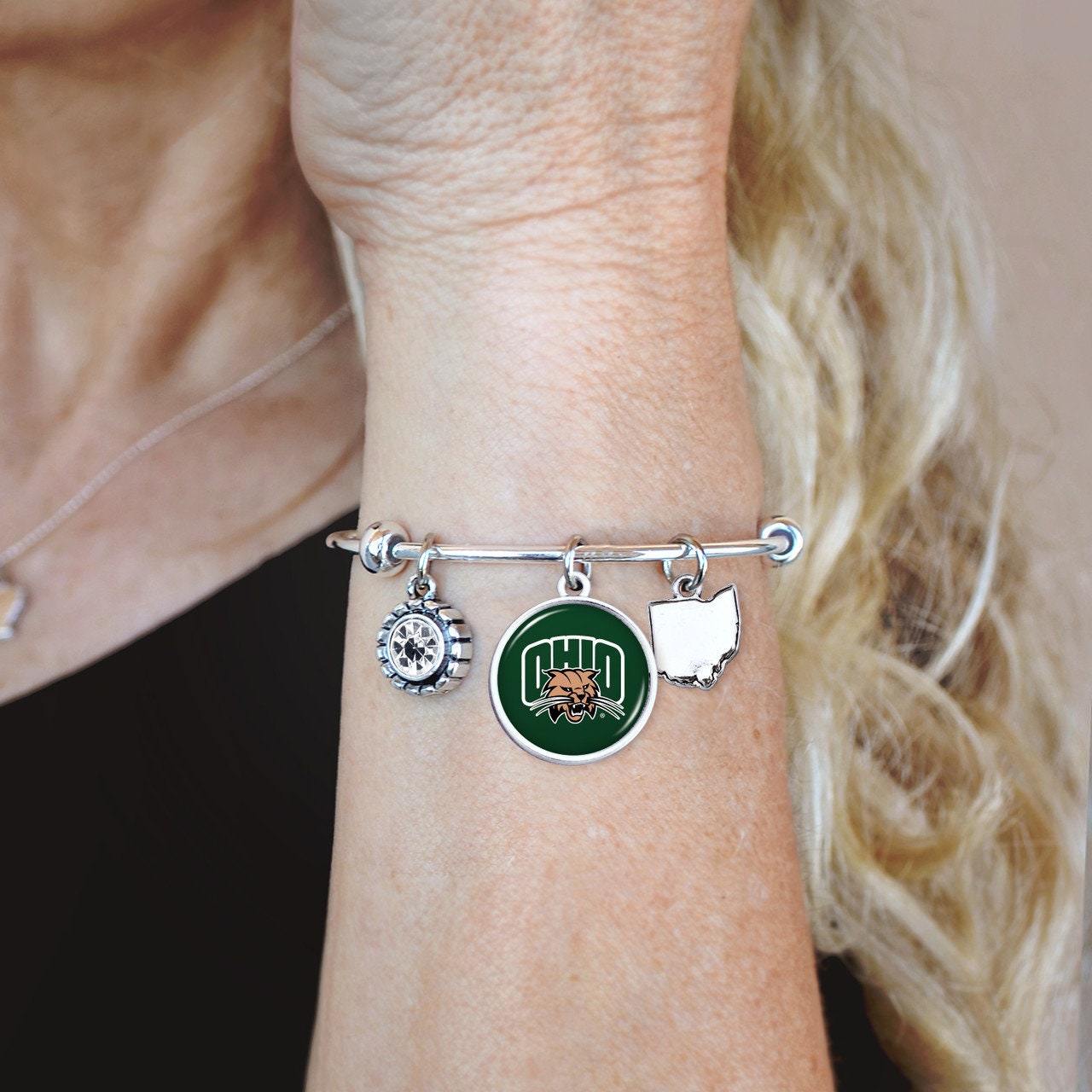 Officially Licensed OHIO BOBCATS Bracelet - Triple Charm Bracelet with Crystal Ohio State Pewter Charms Sterling Plated