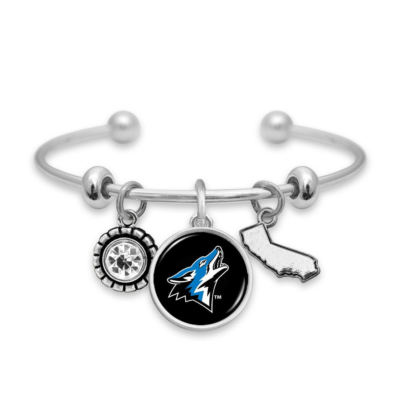 Officially Licensed SAN  BERNARDINO COYOTES Bracelet - Triple Charm Bracelet with Crystal California State Pewter Charms Sterling Plated