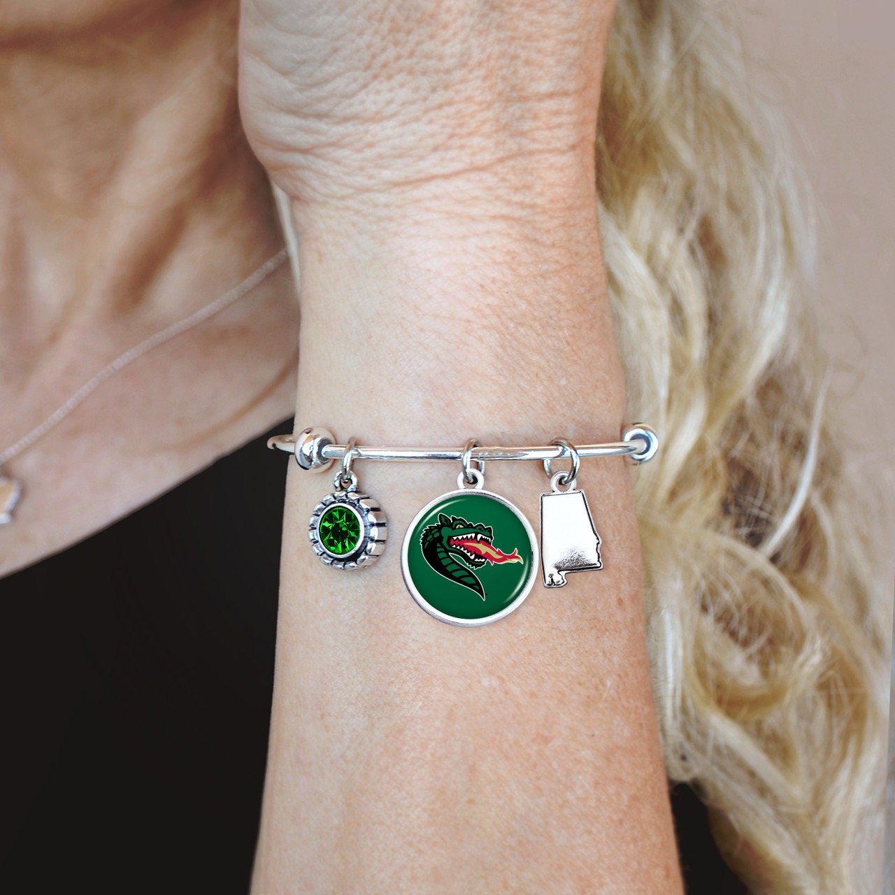 Officially Licensed ALABAMA BIRMINGHAM BLAZERS Bracelet - Triple Charm Bracelet with Crystal Alabama State Pewter Charms Sterling Plated