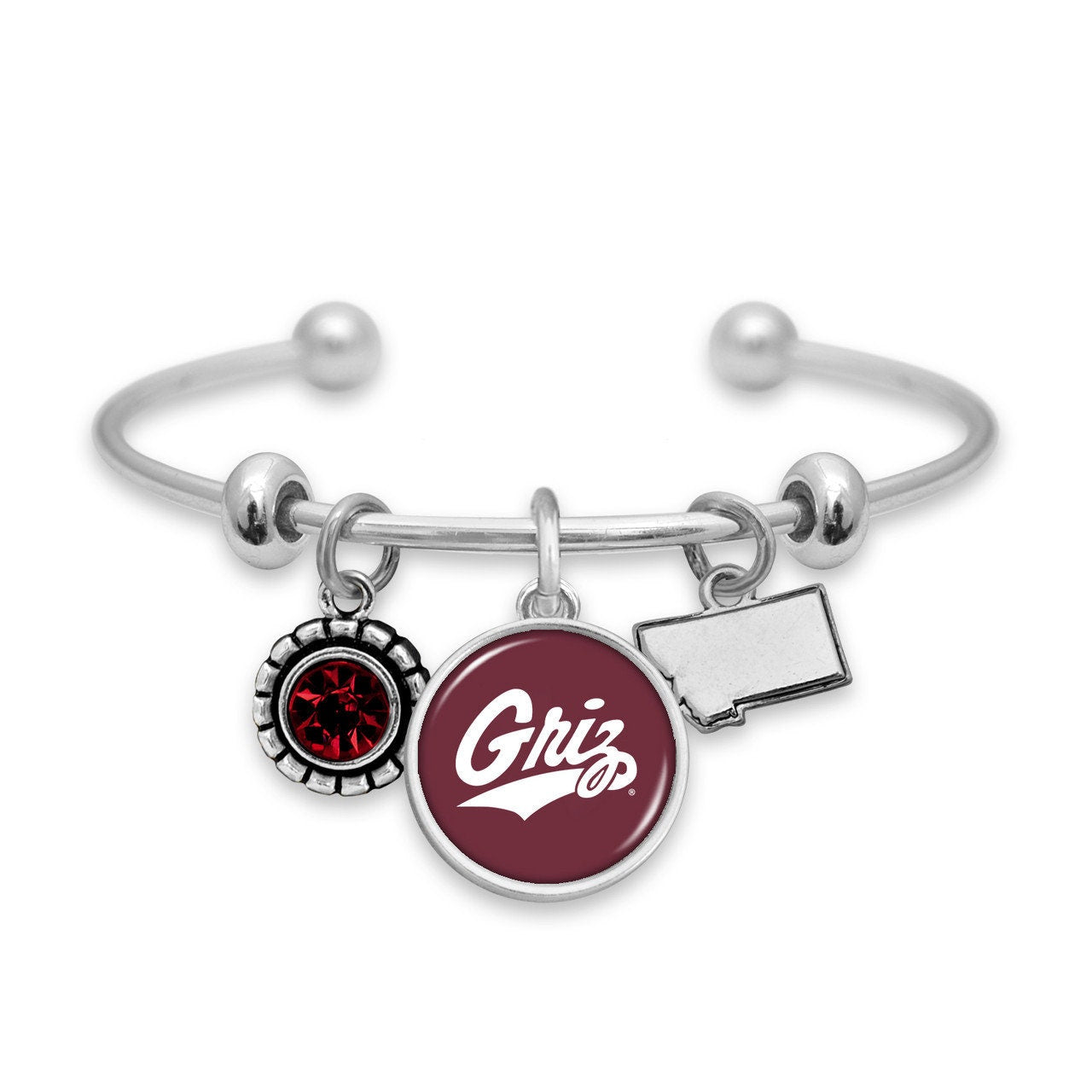 Officially Licensed MONTANA GRIZZLIES Bracelet - Triple Charm Bracelet with Crystal Montana State Pewter Charms Sterling Plated