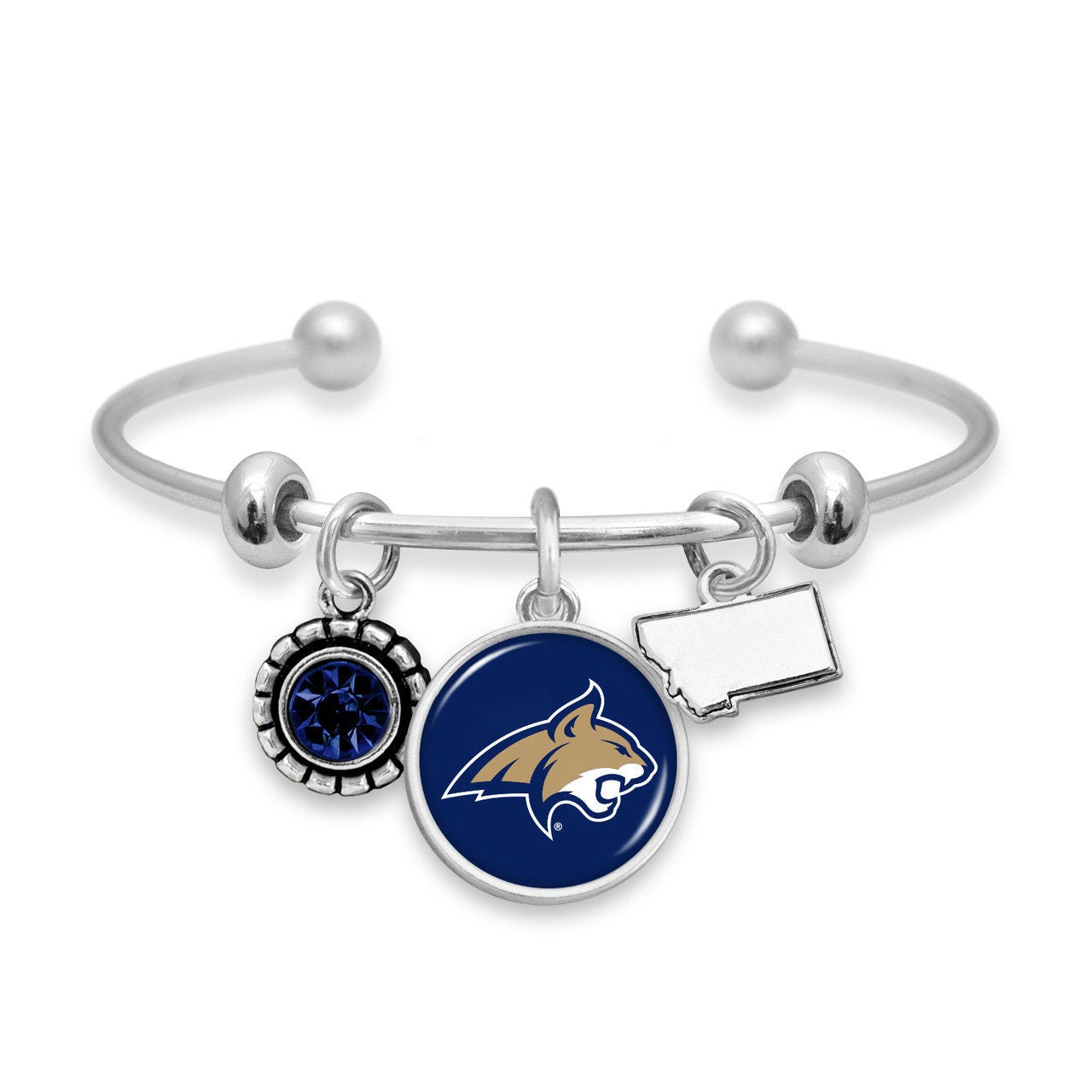 Officially Licensed MONTANA BOBCATS Bracelet - Triple Charm Bracelet with Crystal Montana State Pewter Charms Sterling Plated