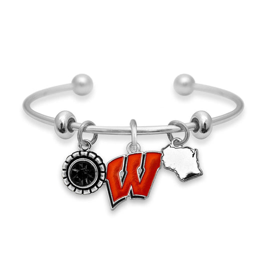 Officially Licensed WISCONSIN BADGERS Bracelet - Triple Charm Bracelet with Crystal Montana State Pewter Charms Sterling Plated