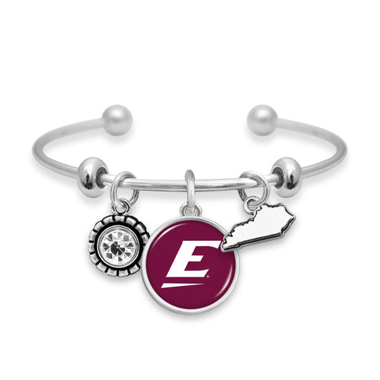 Officially Licensed EASTERN KENTUCKY COLONELS Bracelet - Triple Charm Bracelet with Crystal Kentucky State Pewter Charms Sterling Plated