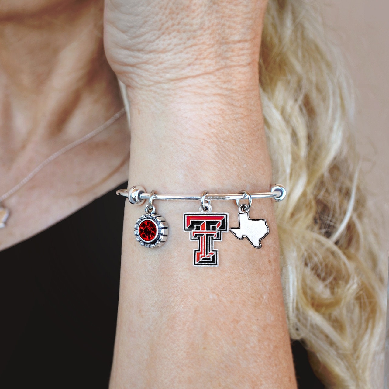 Officially Licensed TEXAS TECH Red Raiders Bracelet - Triple Charm Bracelet with Crystal Texas State Pewter Charms Sterling Plated