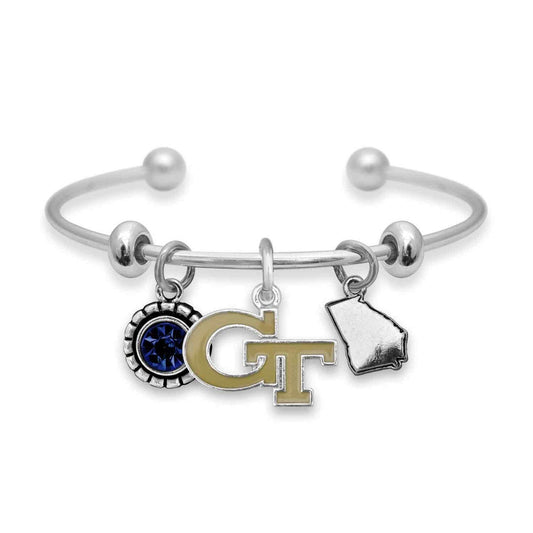 Officially Licensed GEORGIA TECH Yellow Jackets Bracelet - Triple Charm Bracelet with Crystal Georgia State Pewter Charms Sterling Plated