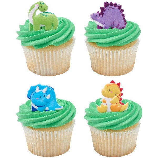 12 CUTSEY DINOSAURS Cupcake Rings - Cupcake Topper Decorations Cake Toppers for Birthday Party Decoration Craft Supply