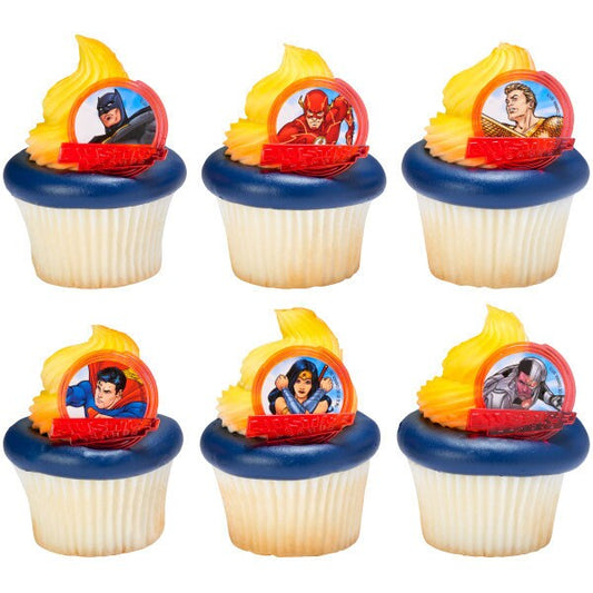 12 JUSTICE LEAGUE Brave & Bold Cupcake Rings - Batman, The Flash, Superman Cake Toppers for Birthday Party Decoration Craft Supply