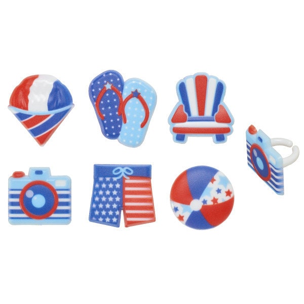12 Summer Fun Cupcake Rings - beach balls, chairs, flip flops Patriotic Cake Toppers for Birthday Party Decoration Celebration Craft Supply