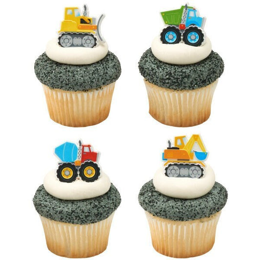 12 Construction Trucks Cupcake Rings - Bulldozer Dozer Dump Truck Construction Cake Toppers for Birthday Party Decoration Craft Supply
