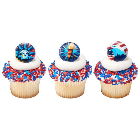 12 Celebrate Liberty Cupcake Rings - Independence Day July 4th Party Cake Toppers for Birthday Party Decoration Craft Supply