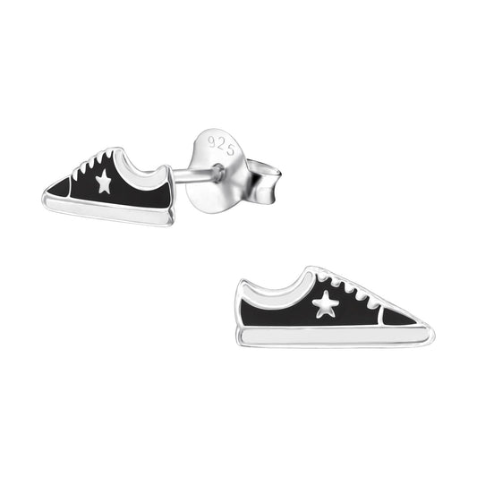 925 Sterling Silver Earrings Black Sneaker -  Ear Studs with Backing - Tennis Shoe with Star Sneaker - Hypoallergenic Earrings