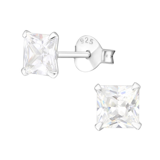 925 Sterling Silver Earrings Diamond Stud Earrings - 5mm - Cubic Zirconia - Square Diamond Stud with Backing - Hypoallergenic Earrings