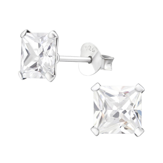 925 Sterling Silver Earrings Diamond Stud Earrings - 6mm - Cubic Zirconia - Square Diamond Stud with Backing - Hypoallergenic Earrings