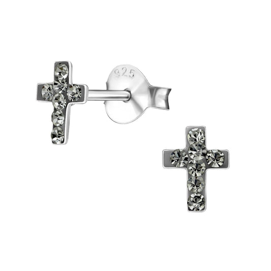 925 Sterling Silver Earrings Cross - Ear Studs with Backing - Christian Cross - Black Diamond - Hypoallergenic Earrings
