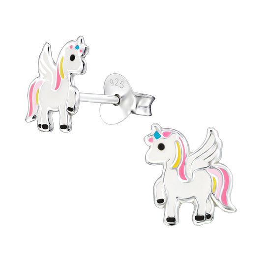 925 Sterling Silver Earrings Unicorn with Wings - Ear Studs with Backing - Epoxy - Mythical Creature Rainbow - Hypoallergenic Earrings