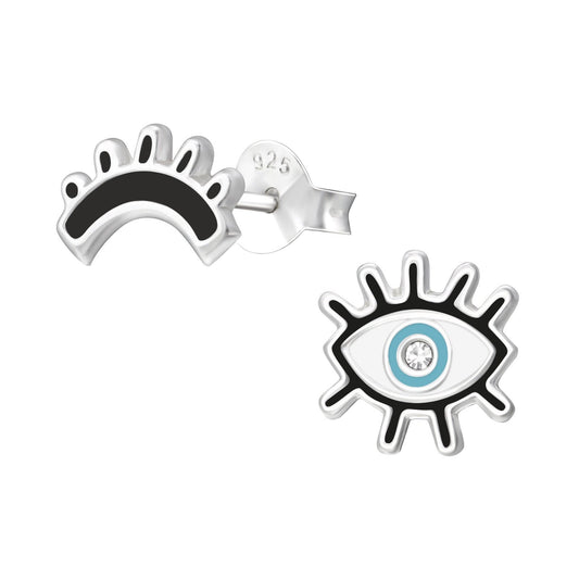 925 Sterling Silver Earrings Evil Eye with Crystal - Ear Studs with Backing - Epoxy Evil Eyes - Hypoallergenic Earrings