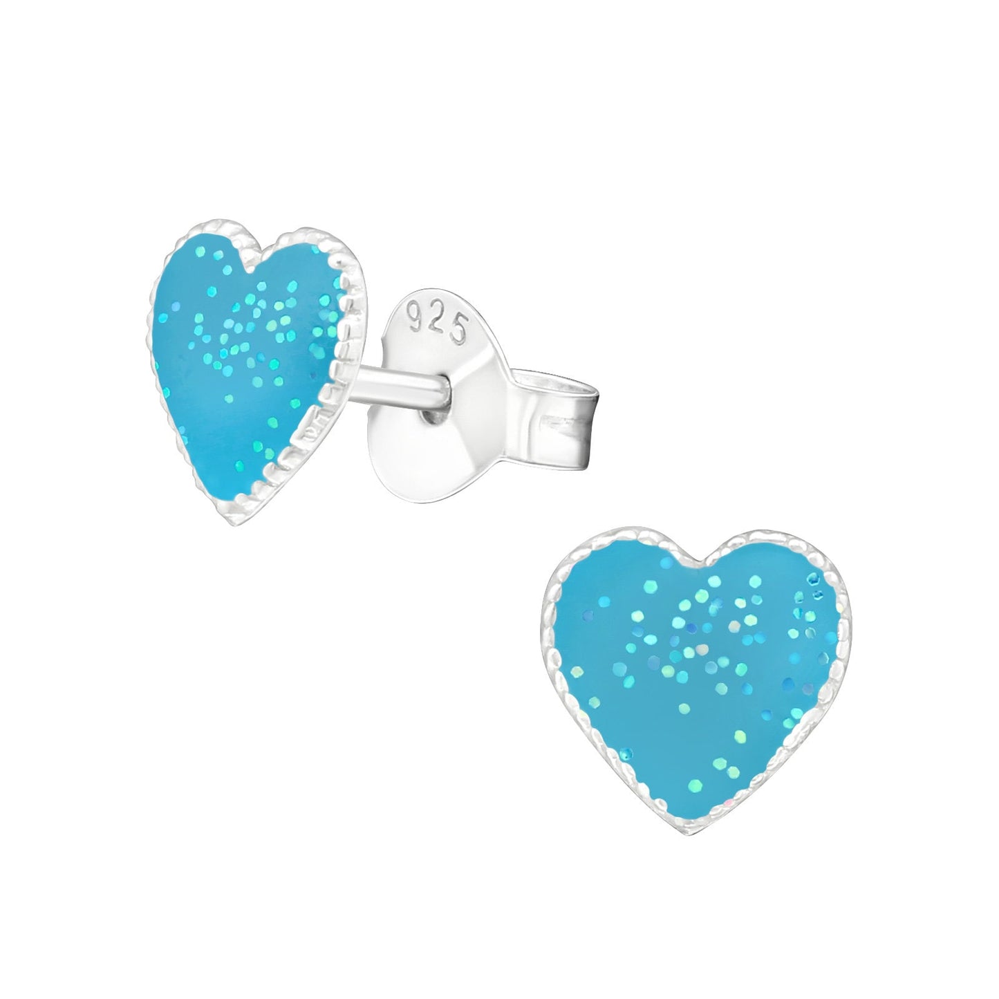 925 Sterling Silver Earrings Heart - Ear Studs with Backing - Epoxy - LIGHT BLUE GLITTER Hearts Love - Hypoallergenic Earrings